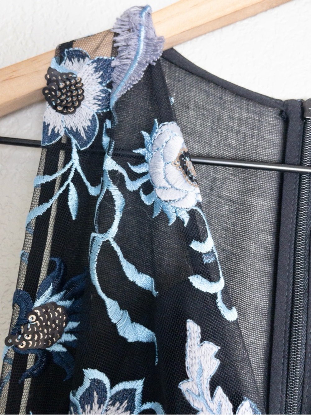 NWT Sandro Floral Embroidered Midi Dress 2 Black Blueshine Mesh Sheer Sleeveless - Picture 6 of 14